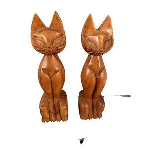 Alii Woods Set of 2 Vintage Hand-carved Wooden Cat Honolulu Genuine Monkeypod